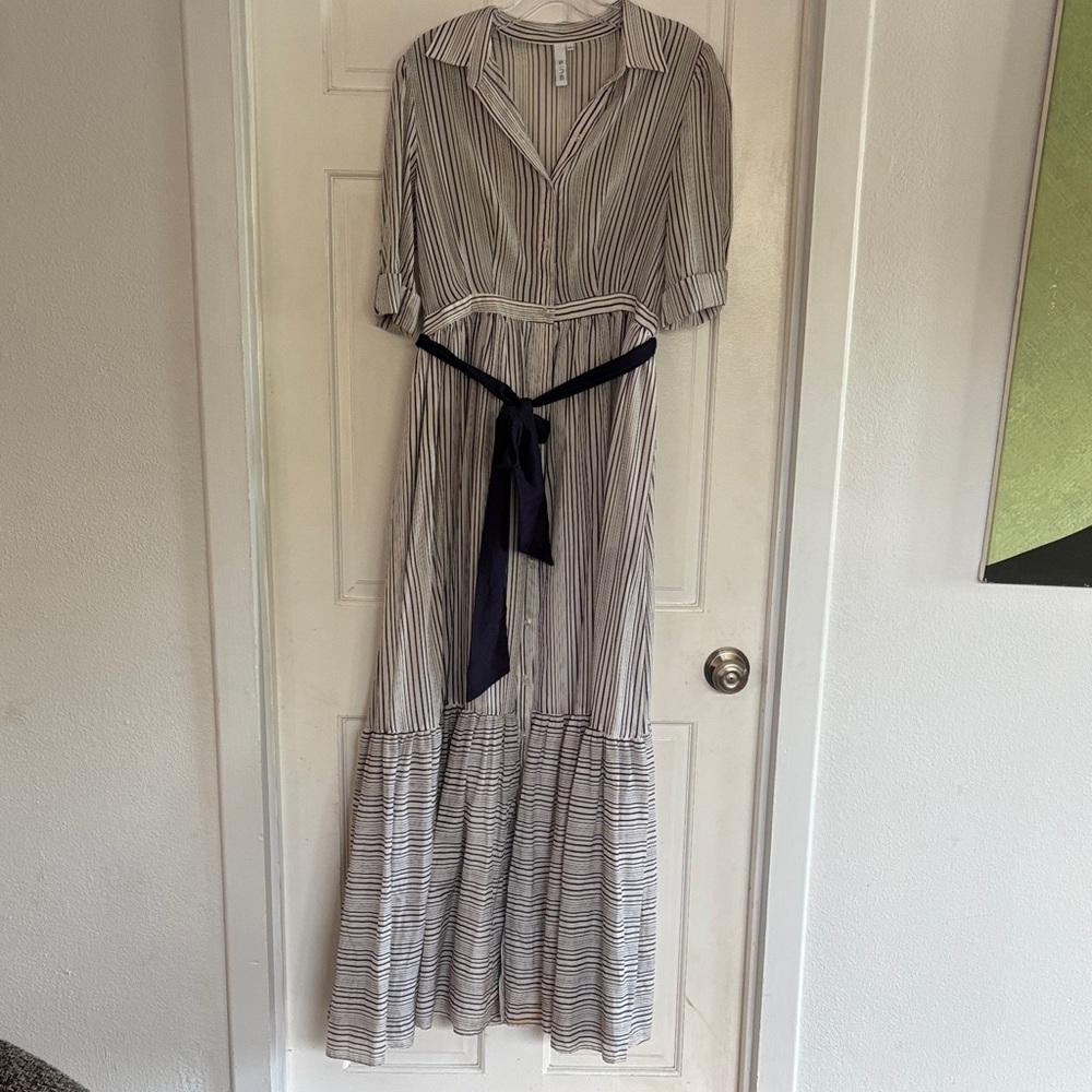 Striped Maxi Shirt Dress with Navy Tie Belt